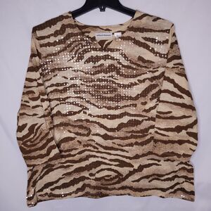Alfred Dunner Top 2X Brown Tiger Striped Sequin
